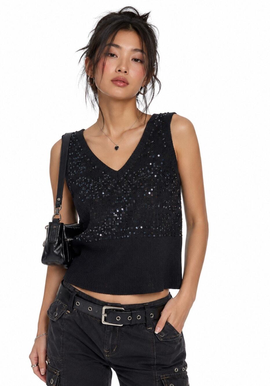 Vtg Y2K Field Manor Black Sequin Sweater Tank Size L Silk Angora Blend Dressy